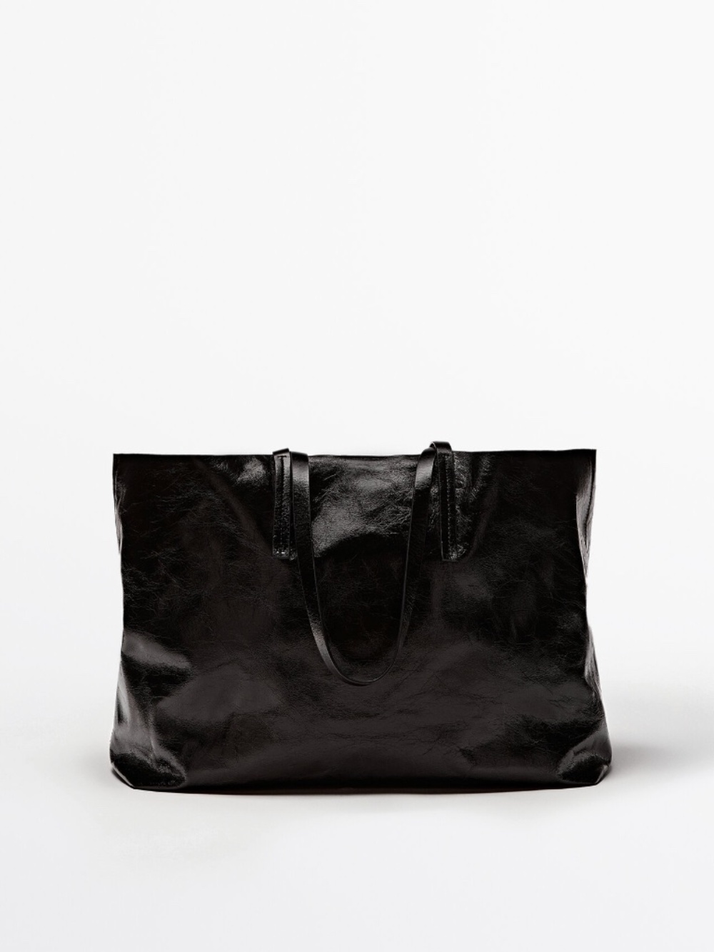 Massimo Dutti Crackled Leather Tote Black Bag